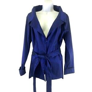 Staples Blue Blazer Dress Jacket Belted Button Collared Stretch Womens Large